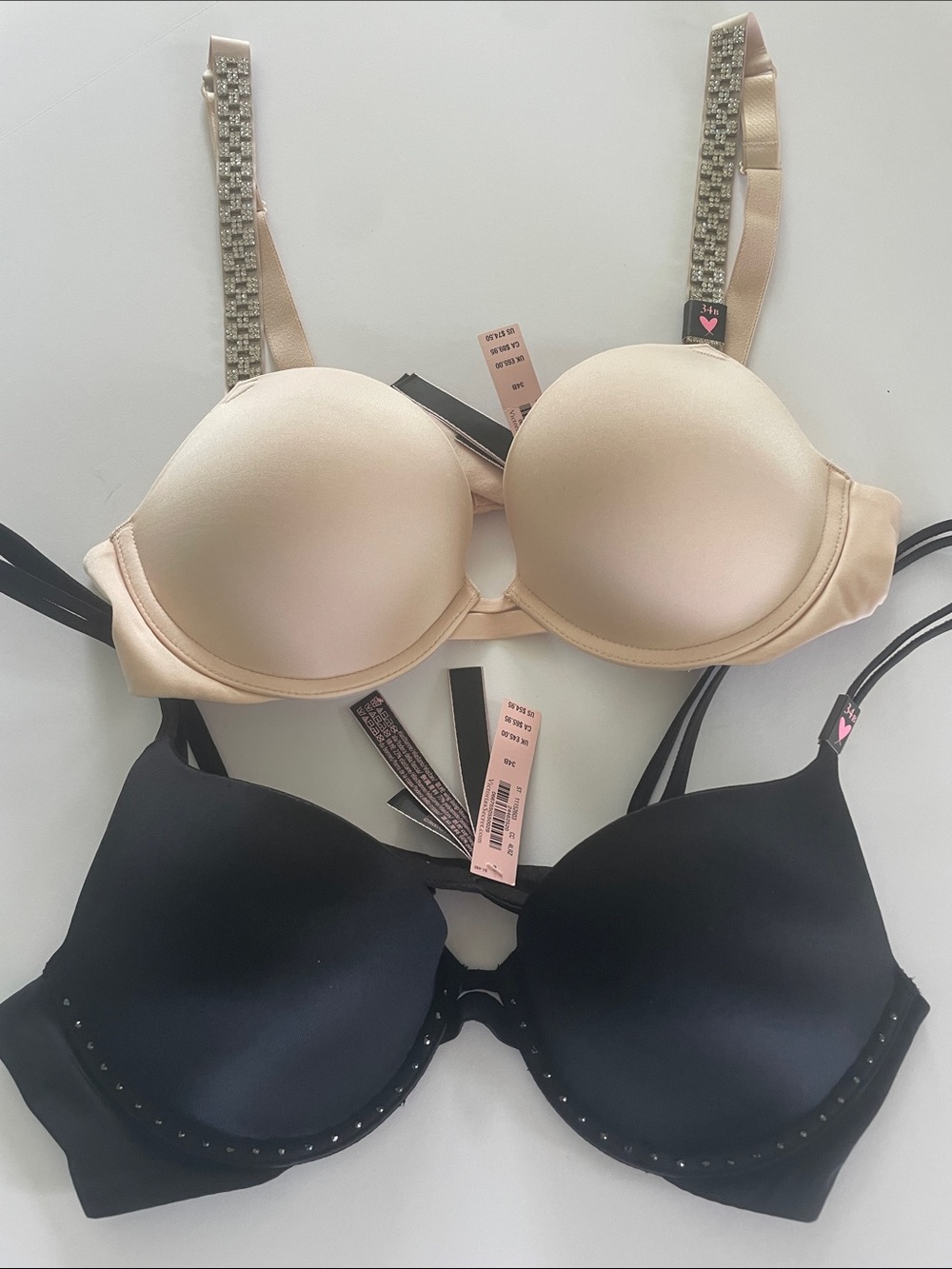 NWT Very Sexy Victoria's Secret Beige and Black Rhinestone Bra Duo 34 B